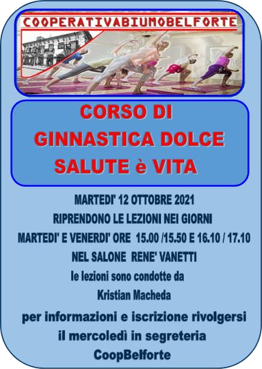 Unisciti a noi per il corso di ginnastica dolce 2021-22 presso CoopBelforte. Scopri come migliorare il tuo benessere fisico e mentale attraverso esercizi semplici e accessibili a tutti.